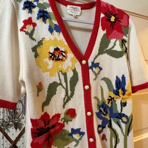 Susan Bristol Red-Trim Cream Floral Button Cardigan